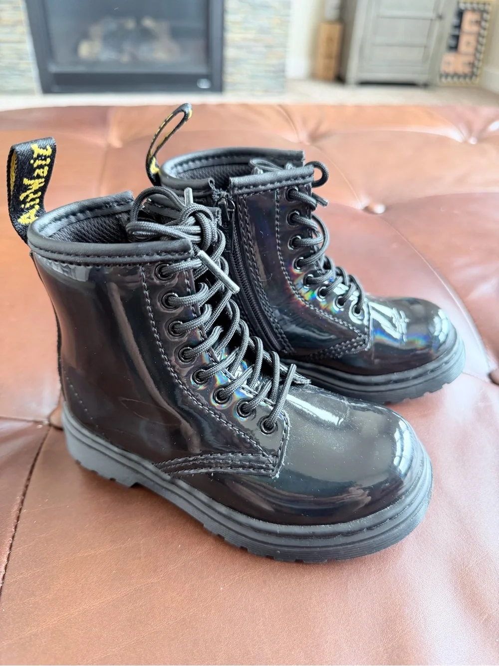 Doc Martens Black Patent Combat Boots with Back Loop